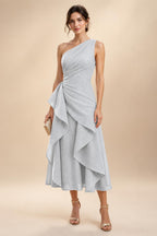 A-Line/Princess One Shoulder Tea-Length Mother of the Bride & Groom Dresses with Ruffles & Ruched Waist (SHI22501283)