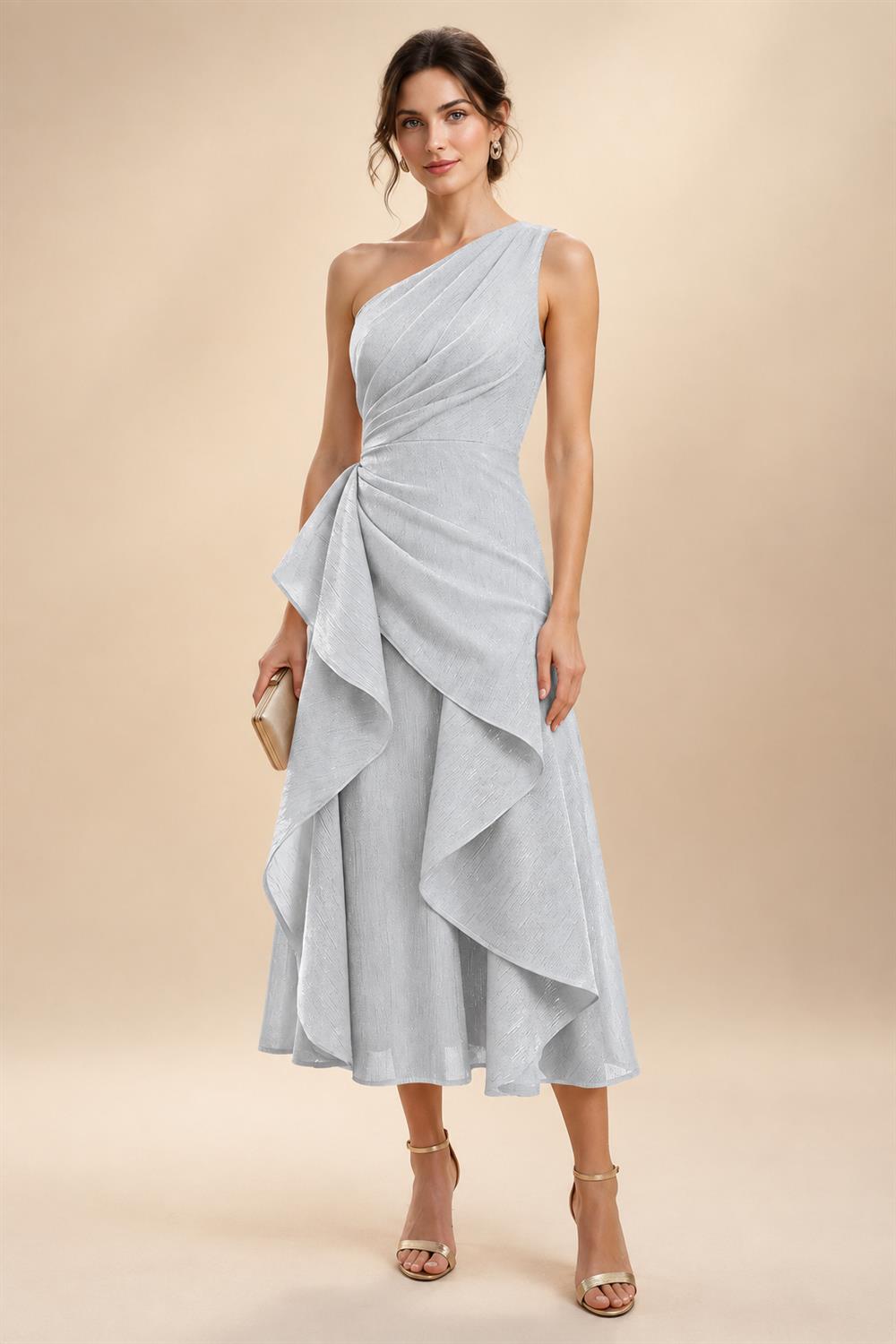 A-Line/Princess One Shoulder Tea-Length Mother of the Bride & Groom Dresses with Ruffles & Ruched Waist (SHI22501283)
