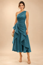 A-Line/Princess One Shoulder Tea-Length Mother of the Bride & Groom Dresses with Ruffles & Ruched Waist (SHI22501283)