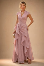 A-Line/Princess Scoop Neck Chiffon Maxi Mother of the Bride & Groom Dresses with Lace Appliques, Sweep Train & Pleats (SHI22501636)