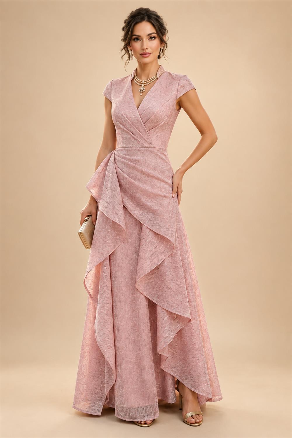 A-Line/Princess V-Neck Satin Floor-Length Mother of the Bride & Groom Dresses with?Jacquard Bolero?Jacket & Pleats (SHI22501695)