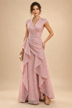 A-Line/Princess V-Neck Satin Floor-Length Mother of the Bride & Groom Dresses with?Jacquard Bolero?Jacket & Pleats (SHI22501695)