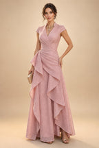 2-Piece A-Line Chiffon 3/4 Sleeves Mother of the Bride & Groom Dresses with Scalloped V-Neck Lace Bodice (SHI22500637)