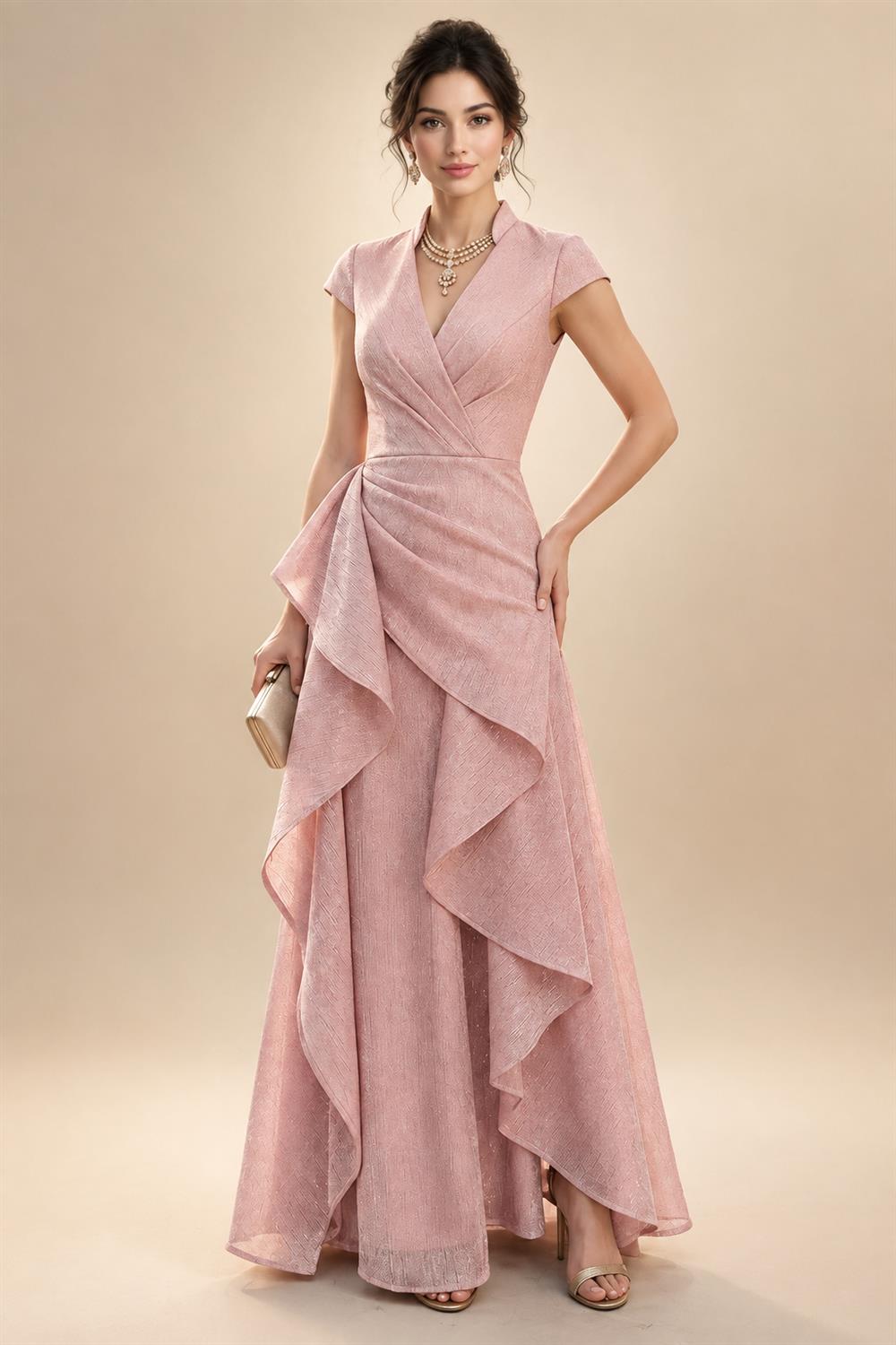 A-Line/Princess V-Neck Chiffon Maxi Mother of the Bride & Groom Dresses with Lace Appliques, Sweep Train & Bow (SHI22501641)