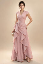 A-Line/Princess V-Neck Chiffon Maxi Mother of the Bride & Groom Dresses with Lace Appliques, Sweep Train & Bow (SHI22501641)