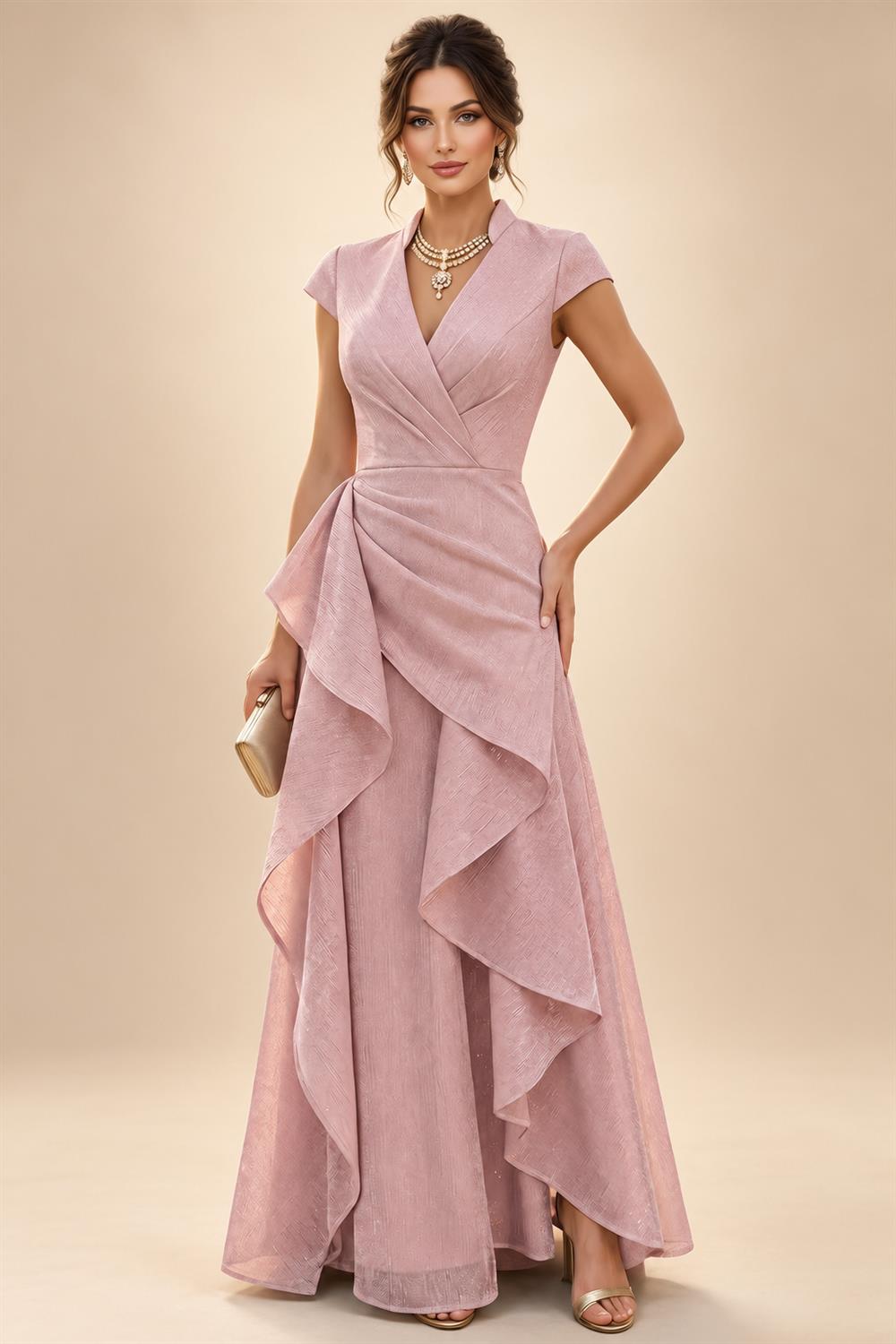 Jacquard A-Line/Princess V-Neck Floor-Length Mother of the Bride & Groom Dresses with Ruched Waist & Pockets (SHI22500984)