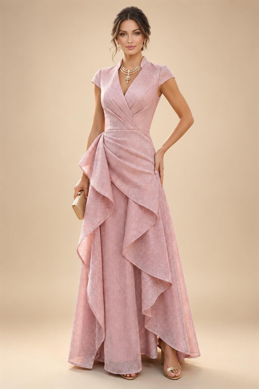 Cape Sleeve Jacquard Satin Ruched Mother of the Bride Dresses 2 Piece (SHI22500528)