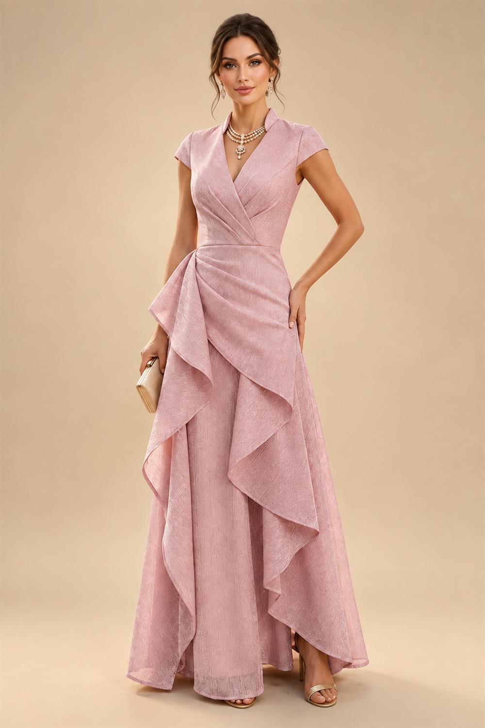 Jacquard Sheath/Column V-Neck Floor-Length Mother of the Bride & Groom Dresses with Ruffles & Ruched Waist (SHI22501060)