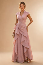 Pantsuit Scoop Neck Satin Maxi Mother of the Bride Pantsuits with Fluffy Feather Trim Cuffs (SHI22501692)