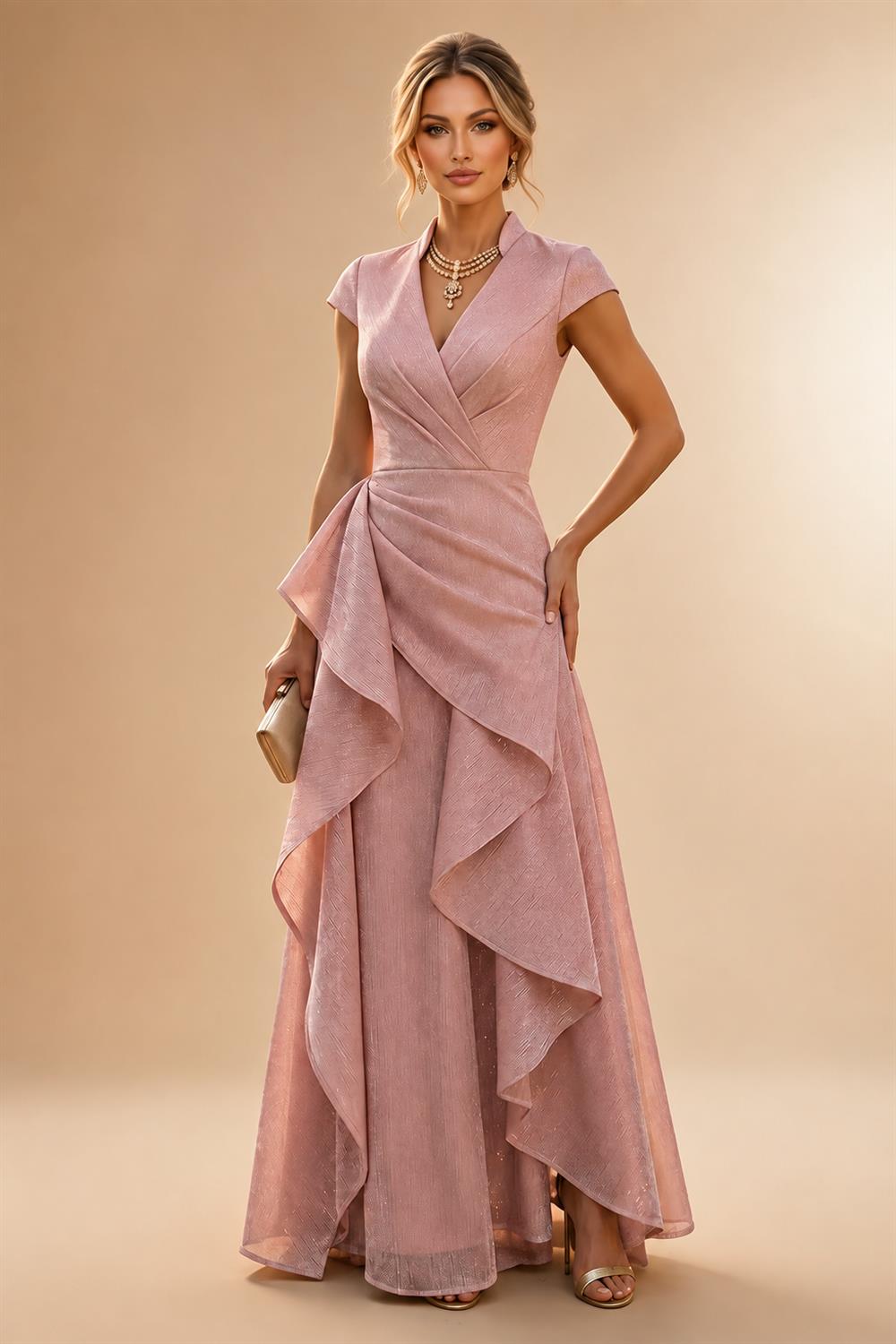 Pantsuit Scoop Neck Satin Maxi Mother of the Bride Pantsuits with Fluffy Feather Trim Cuffs (SHI22501692)