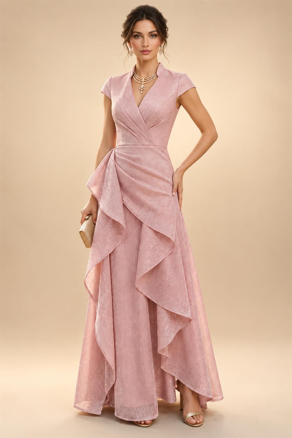 Cape Sleeve Jacquard Satin Ruched Mother of the Bride Dresses (SHI22500526)