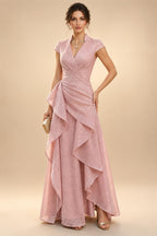 Cape Sleeve Jacquard Satin Ruched Mother of the Bride Dresses (SHI22500526)