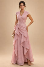 A-Line/Princess V-Neck Chiffon Floor-Length Mother of the Bride & Groom Dresses with Lace Appliques & Ruched Waist (SHI22501678)