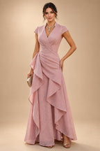 A-Line/Princess V-Neck Chiffon Maxi Mother of the Bride & Groom Dresses with Feather Trim & Pleats (SHI22501651)