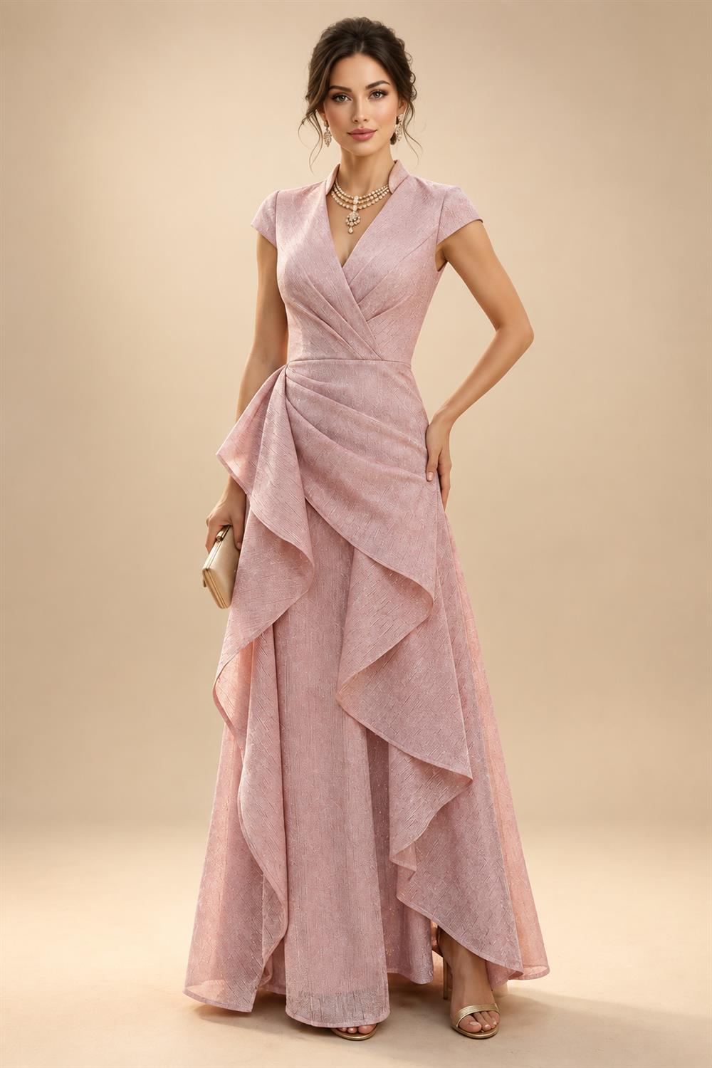A-Line Floral Jacquard Floor-Length Mother of the Bride & Groom Dresses with V-Neck, Cap Sleeves (SHI22500480)