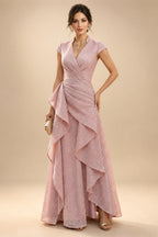 A-Line Floral Jacquard Floor-Length Mother of the Bride & Groom Dresses with V-Neck, Cap Sleeves (SHI22500480)