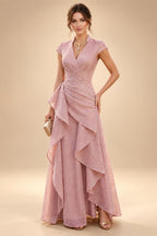 Cape Sleeve Floral Jacquard Satin Tea-Length Ruched Mother of the Bride Dresses 2 Piece (SHIA22500528)