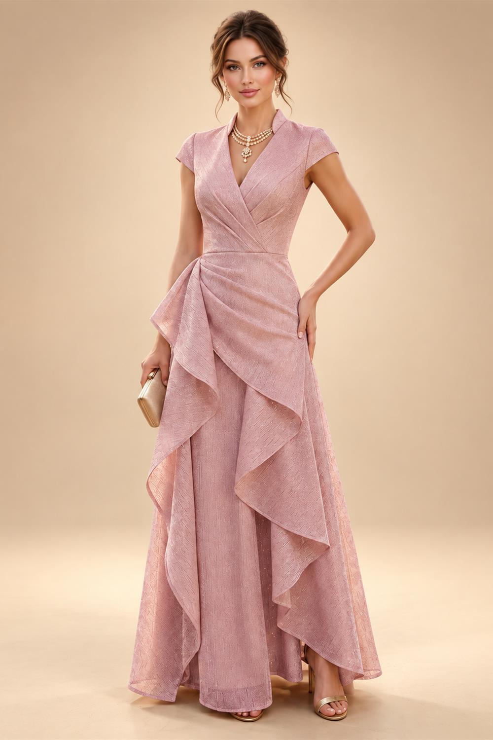 Cape Sleeve Floral Jacquard Satin Tea-Length Ruched Mother of the Bride Dresses 2 Piece (SHIA22500528)