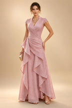 Sheath/Column Scoop Neck Chiffon Maxi Mother of the Bride & Groom Dresses with Lace Appliques, Sweep Train & Ruched Waist (SHI22501642)