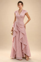 A-Line Chiffon V-Neck Short Sleeve Mother of the Bride Dresses Floor-Length with Sequin Appliques (SHI22500297)