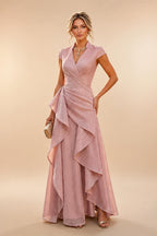 A-Line/Princess V-Neck Chiffon Floor-Length Mother of the Bride & Groom Dresses with Lace Appliques & Pleats (SHI22501670)