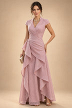 Floral Print A-Line/Princess V-Neck Tea-Length Mother of the Bride & Groom Dresses with Ruched Waist & Pockets (SHI22501150)