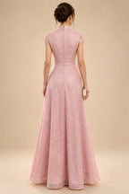 A-Line/Princess Scoop Illusion Lace Appliques Tea-Length Mother of the Bride Dresses with Pleated Ruffle (SHI22500105)