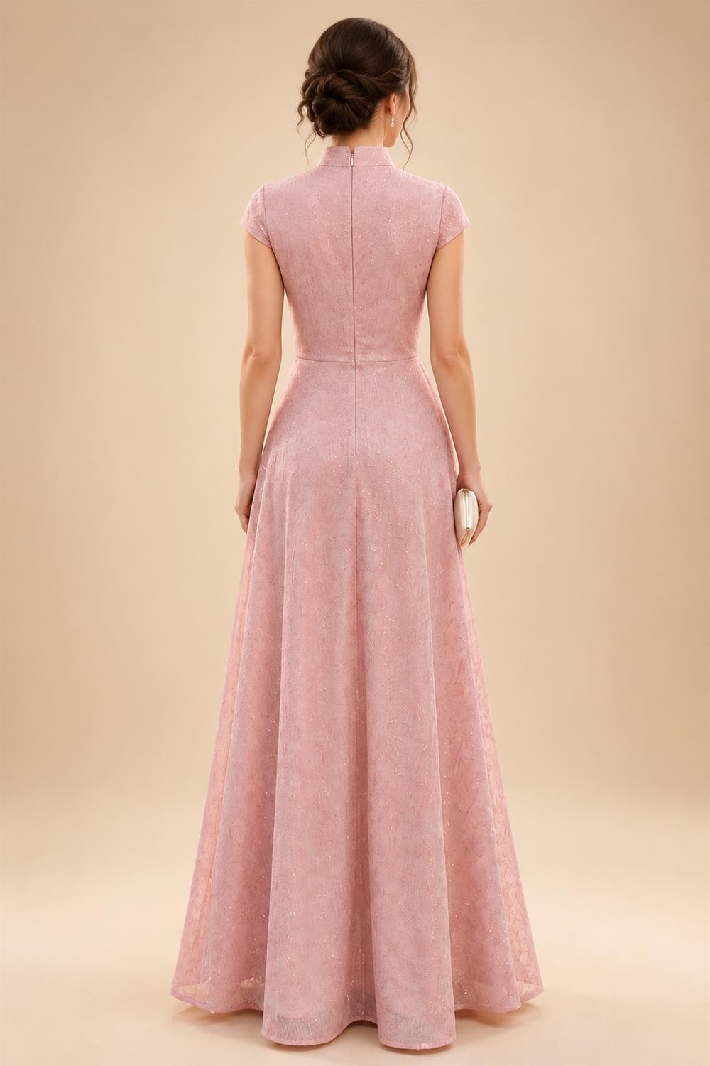 A-Line/Princess V-Neck Chiffon Maxi Mother of the Bride & Groom Dresses with Lace Appliques, Sweep Train & Bow (SHI22501641)