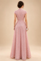 A-Line/Princess V-Neck Chiffon Maxi Mother of the Bride & Groom Dresses with Lace Appliques, Sweep Train & Bow (SHI22501641)