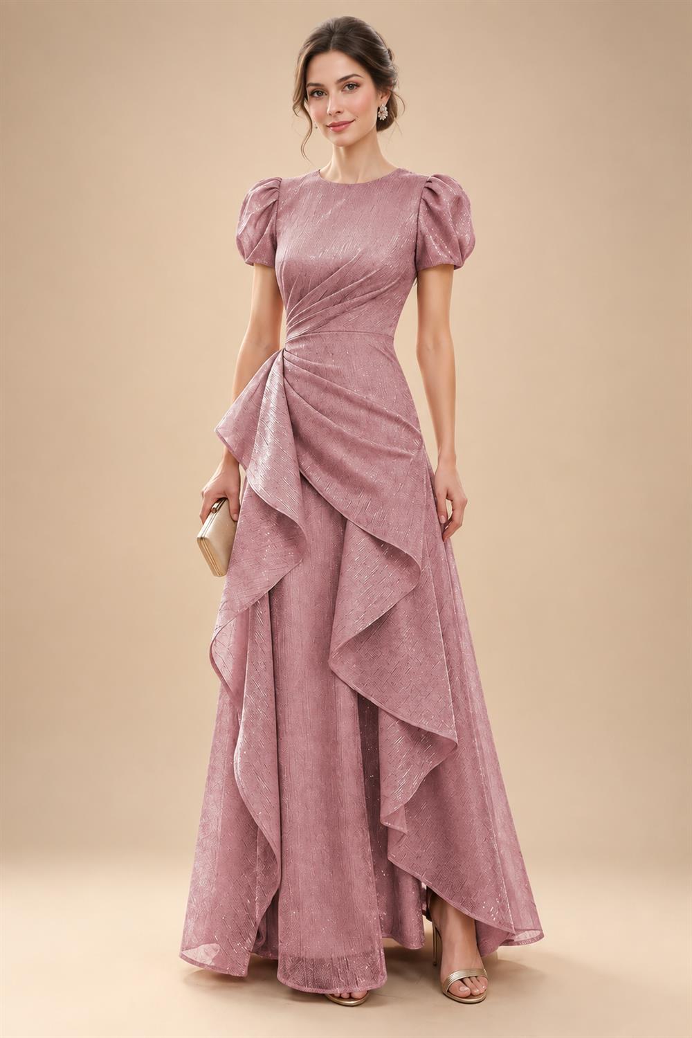 A-Line/Princess Scoop Neck Tea-Length Mother of the Bride & Groom Dresses with Ruffles & Ruched Waist (SHI22501287)