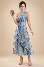 A-Line/Princess One Shoulder Tea-Length Mother of the Bride & Groom Dresses with Ruffles & Ruched Waist (SHI22501283)