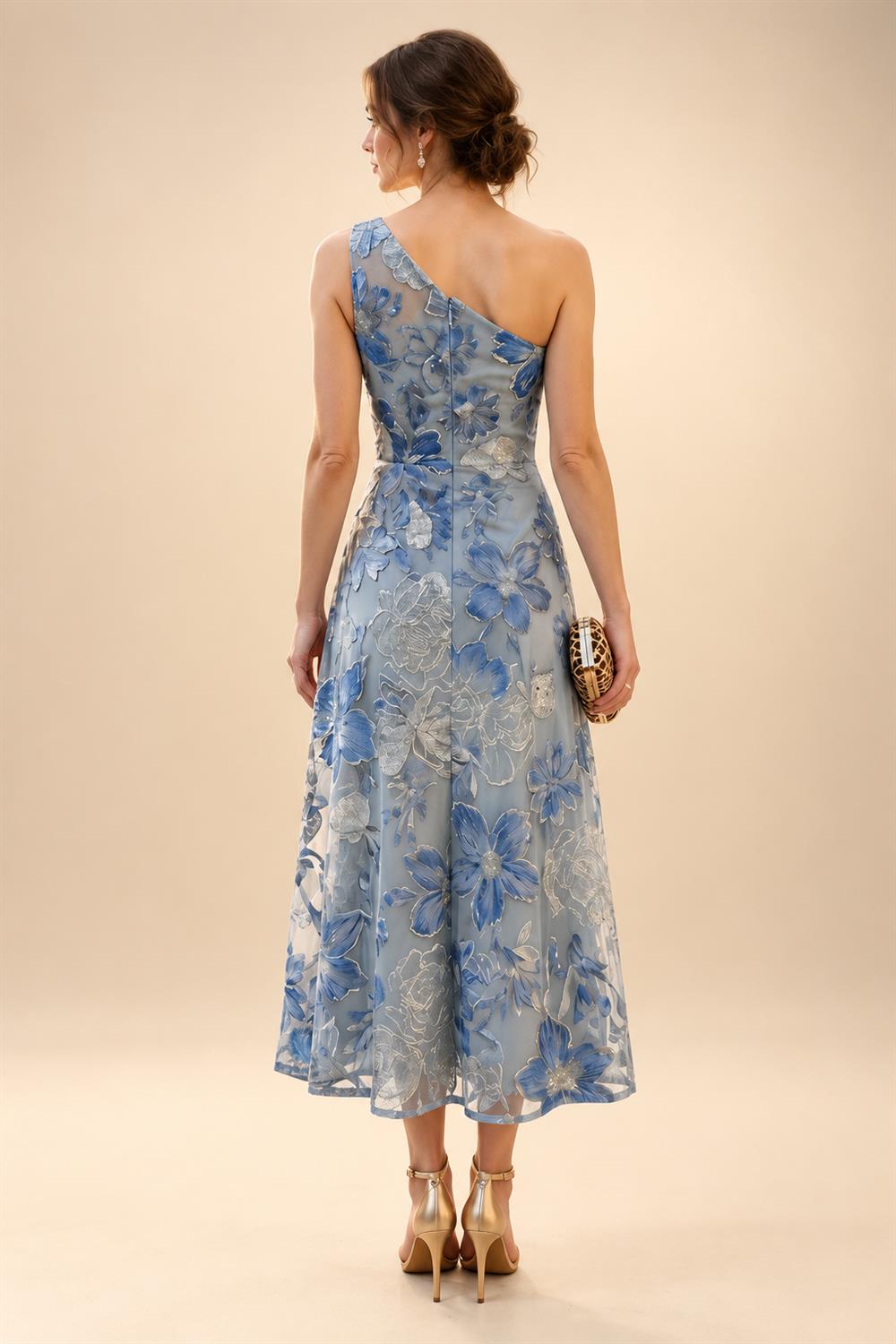 A-Line/Princess One Shoulder Tea-Length Mother of the Bride & Groom Dresses with Ruffles & Ruched Waist (SHI22501283)