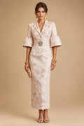Jacquard Sheath/Column V-Neck Tea-Length Mother of the Bride & Groom Dresses for Women (SHI22501292)
