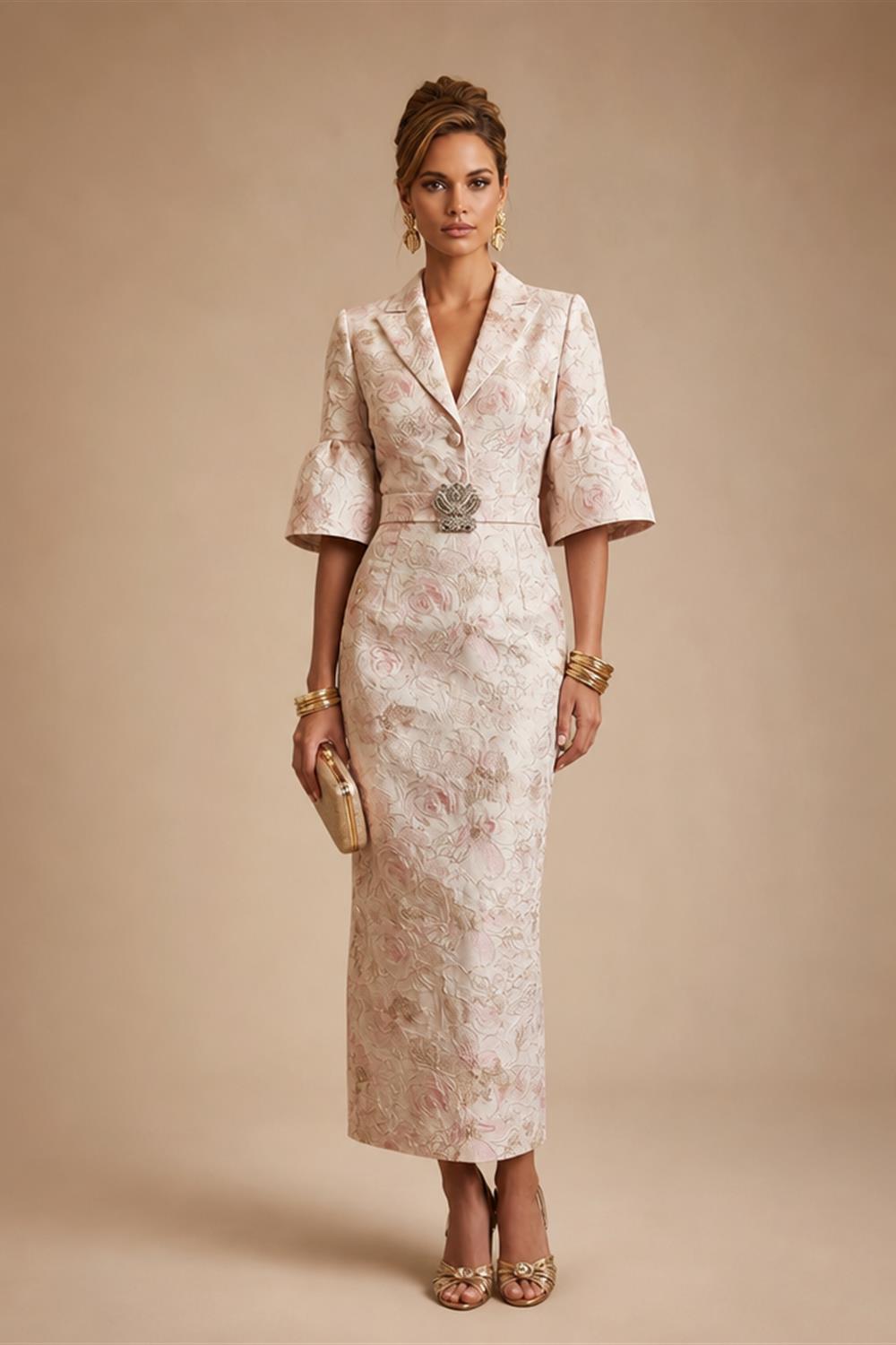Jacquard Sheath/Column V-Neck Tea-Length Mother of the Bride & Groom Dresses for Women (SHI22501292)