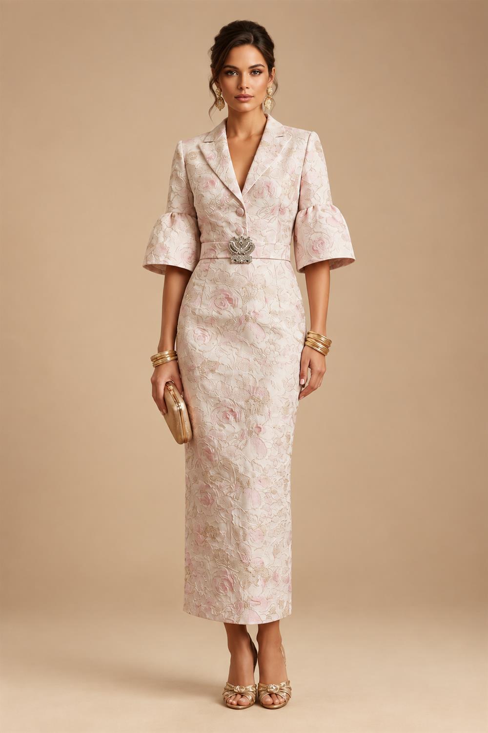 A-Line/Princess V-Neck Satin Floor-Length Mother of the Bride & Groom Dresses with?Jacquard Bolero?Jacket & Pleats (SHI22501695)