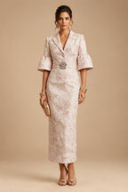 A-Line/Princess V-Neck Satin Floor-Length Mother of the Bride & Groom Dresses with?Jacquard Bolero?Jacket & Pleats (SHI22501695)