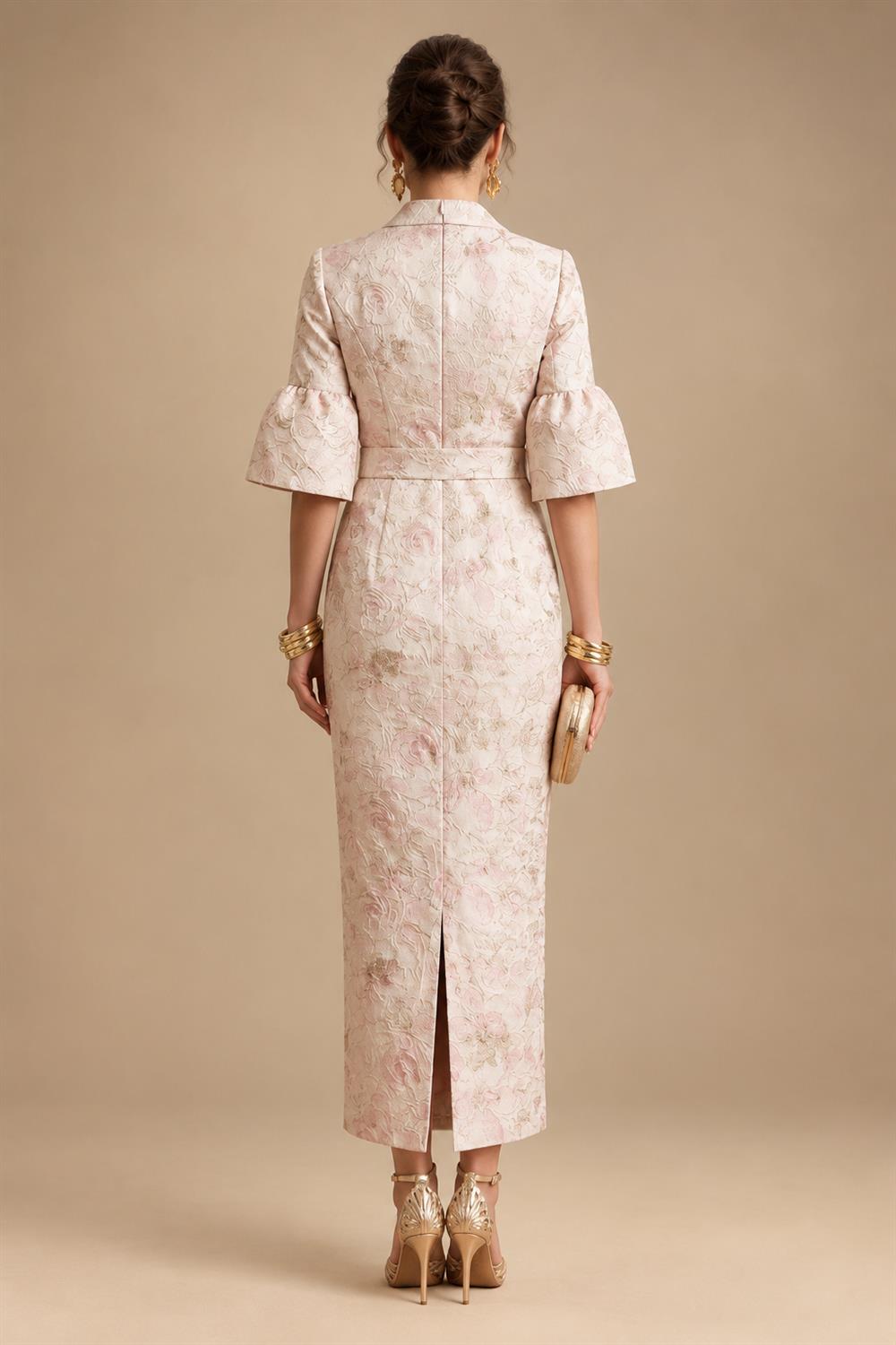 A-Line/Princess V-Neck Satin Floor-Length Mother of the Bride & Groom Dresses with?Jacquard Bolero?Jacket & Pleats (SHI22501695)
