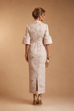 Jacquard Sheath/Column V-Neck Tea-Length Mother of the Bride & Groom Dresses for Women (SHI22501292)
