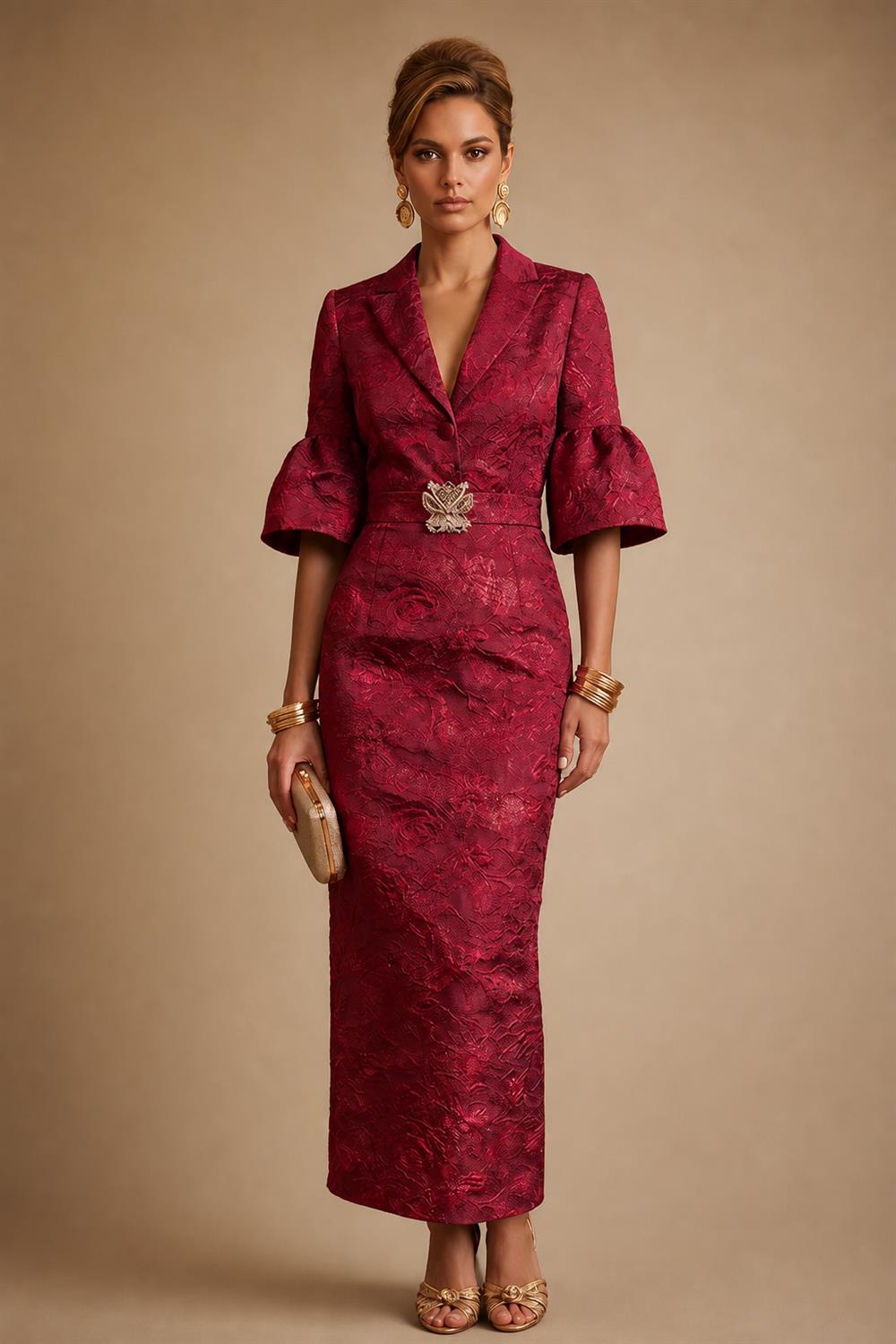 Jacquard Sheath/Column V-Neck Tea-Length Mother of the Bride & Groom Dresses for Women (SHI22501292)