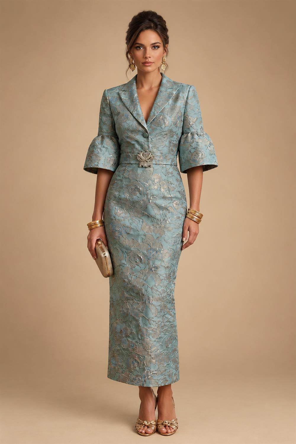 Jacquard Sheath/Column V-Neck Tea-Length Mother of the Bride & Groom Dresses for Women (SHI22501292)