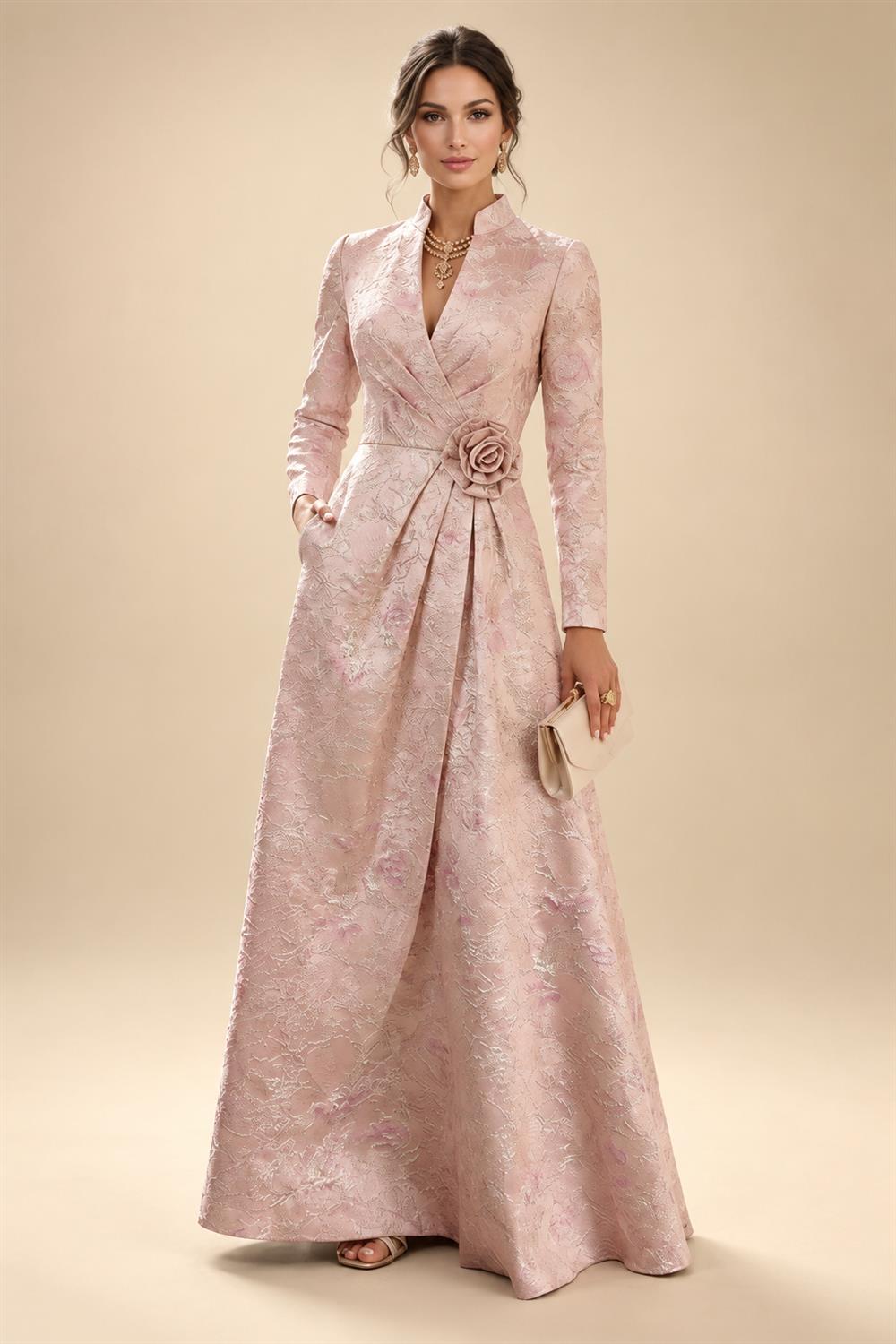 Jacquard A-Line/Princess V-Neck Floor-Length Mother of the Bride & Groom Dresses with Ruched Waist & Pockets (SHI22500984)