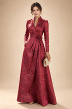 Jacquard A-Line/Princess V-Neck Floor-Length Mother of the Bride & Groom Dresses with Ruched Waist & Pockets (SHI22501298)