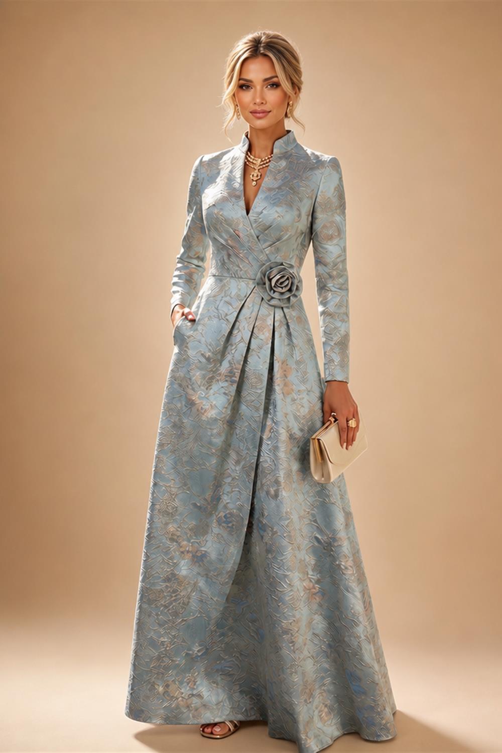 Jacquard A-Line/Princess V-Neck Floor-Length Mother of the Bride & Groom Dresses with Ruched Waist & Pockets (SHI22501298)