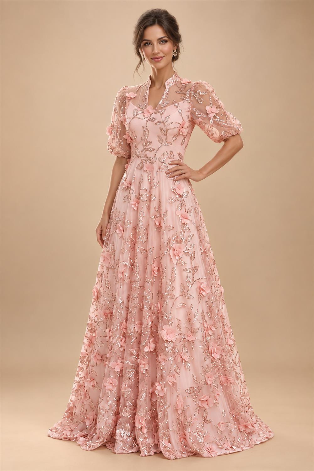 Sequin Floral A-Line/Princess V-Neck Floor-Length Mother of the Bride & Groom Dresses with 3D Flowers & Pleats (SHI22501350)