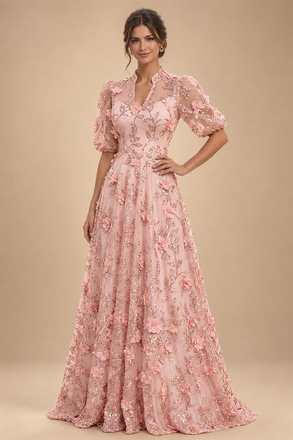 Sequin Floral A-Line/Princess V-Neck Floor-Length Mother of the Bride & Groom Dresses with 3D Flowers & Pleats (SHI22501348)