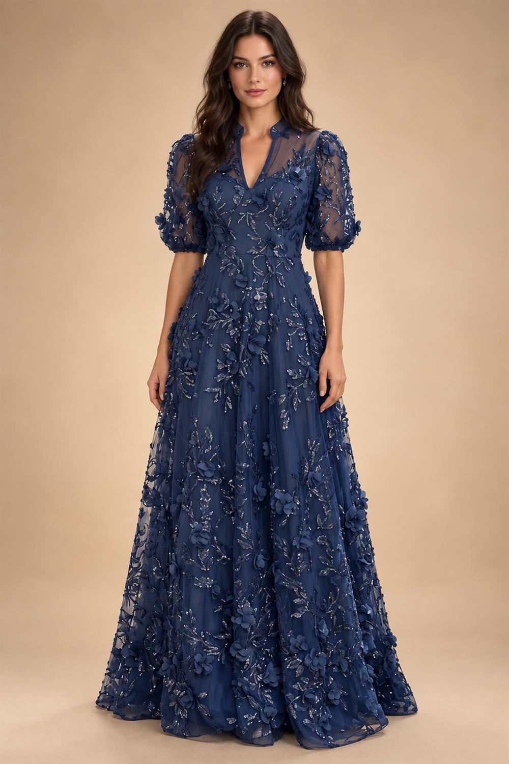 Sequin Floral A-Line/Princess V-Neck Floor-Length Mother of the Bride & Groom Dresses with 3D Flowers & Pleats (SHI22501350)