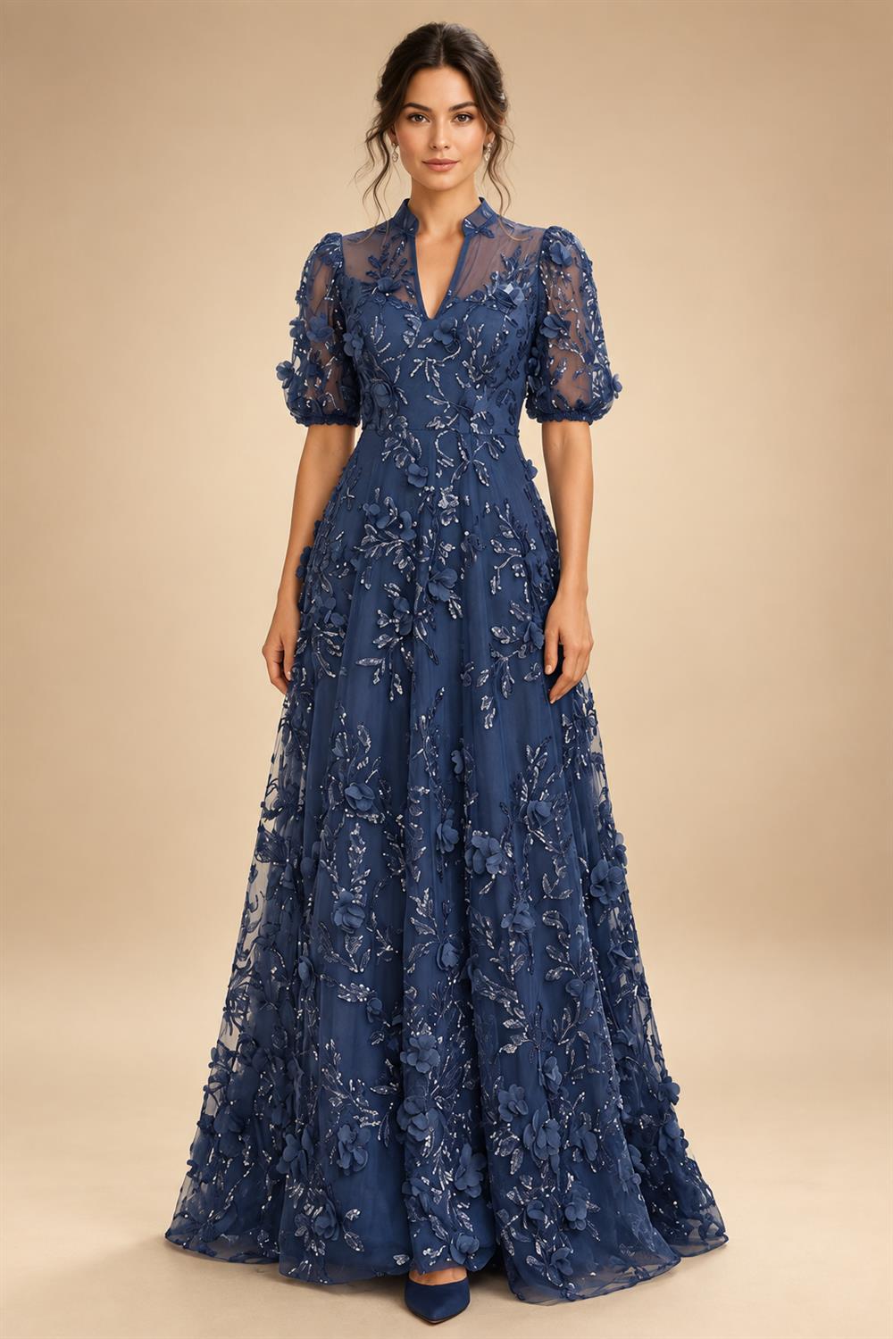 Chiffon Sheath/Column V-Neck Floor-Length Mother of the Bride & Groom Dresses with Lace Embroidery Bodice & Ruched Waist (SHI22501510)