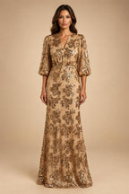 Sequin Floral Sheath/Column V-Neck Floor-Length Mother of the Bride & Groom Dresses with Ruched Waist (SHI22501219)