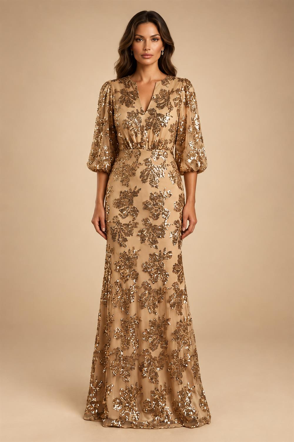 Sequin Floral Sheath/Column V-Neck Floor-Length Mother of the Bride & Groom Dresses with Ruched Waist (SHI22501219)