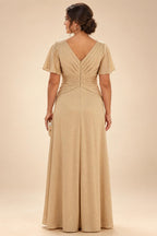 A-Line Chiffon 3/4 Flutter Sleeves Mother of the Bride & Groom Dresses with Beaded Lace Embroidered Bodice (SHI22500645)